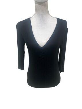 ba&sh Black Deep V-Neck 3/4 Sleeve Top ruched front  size small